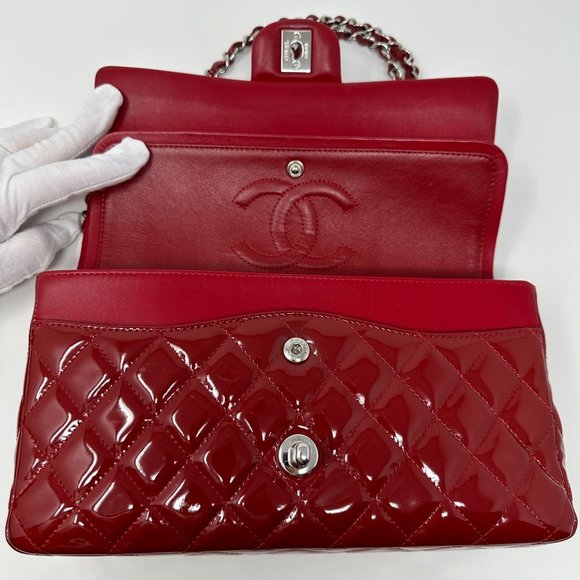 CHANEL Cherry Red Patent Leather Medium Classic Double Flap SHW - Picture 4 of 12